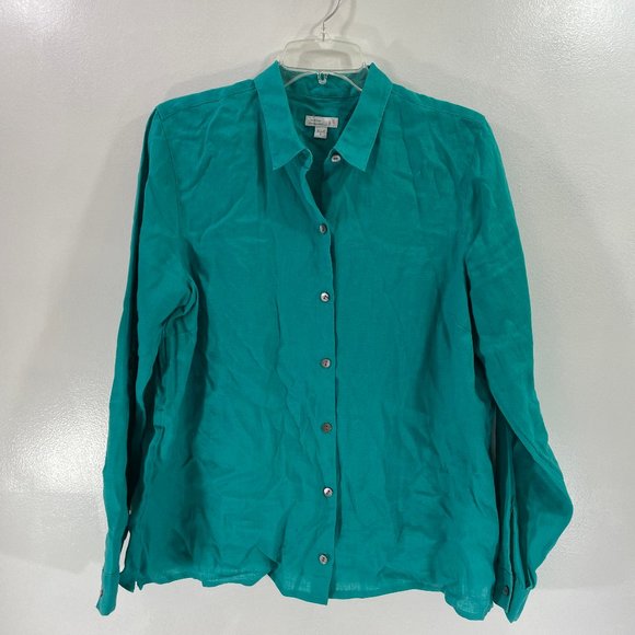 J. Jill 100% Love Linen Turquoise Teal Blouse Essential Shirt Top Women's Size M - Picture 1 of 8